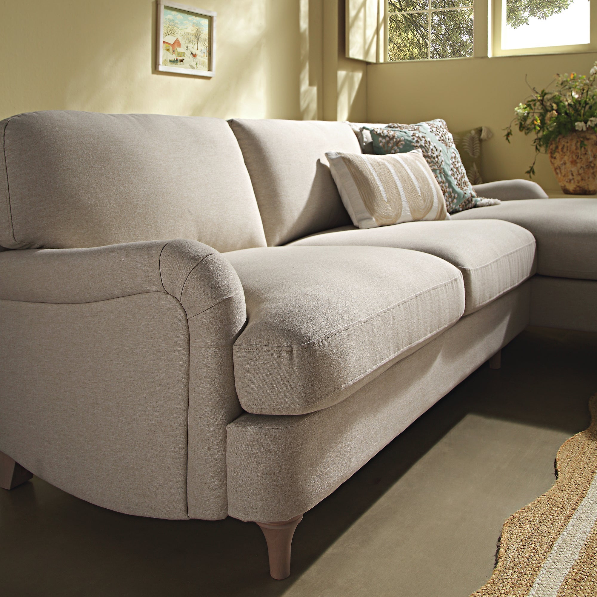 Daphnis Oatmeal Fabric Sofa, Grande Chaise Sofa Right Hand Facing