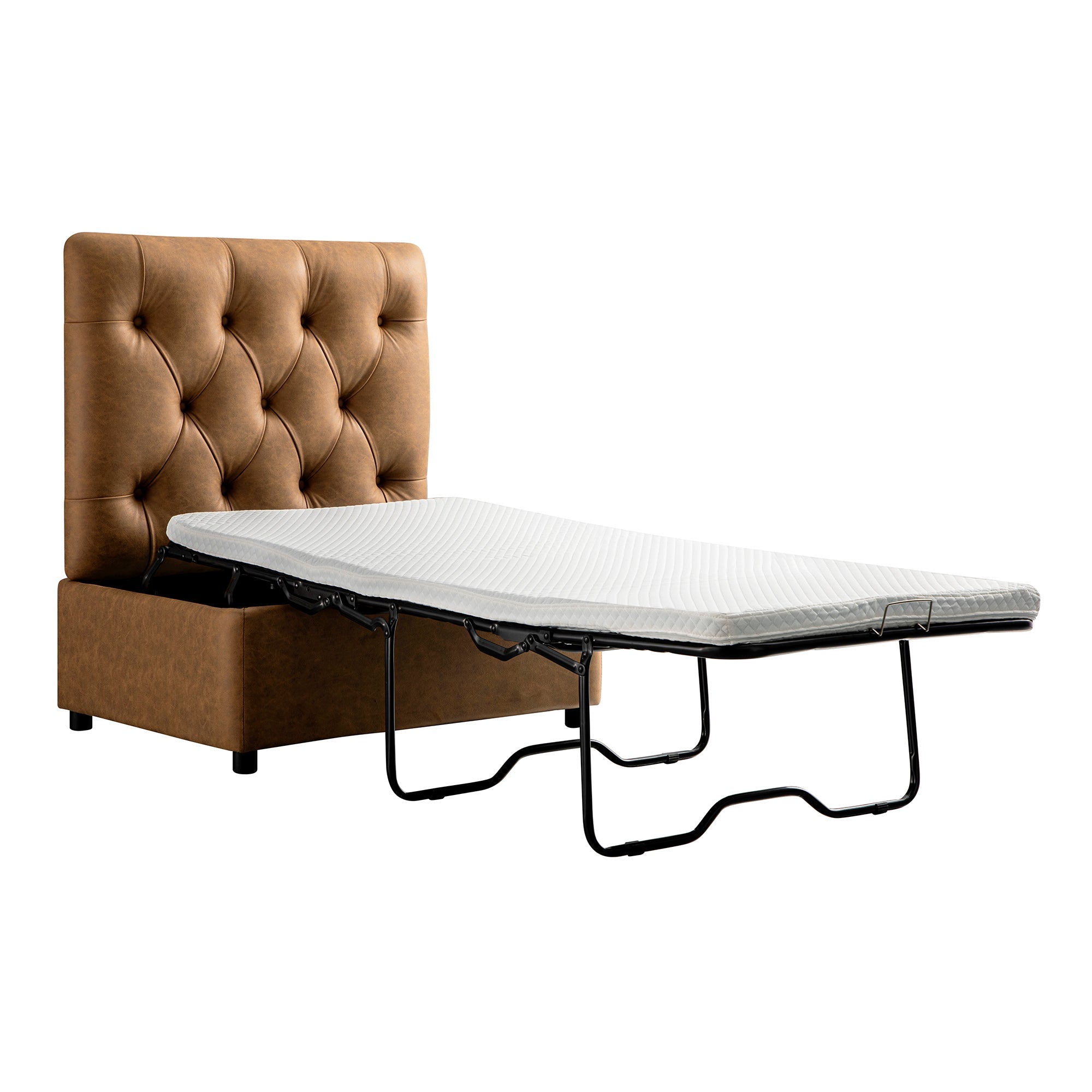Portland Twin Buttoned Fold-Out Bed in Ottoman, Tan Faux Suede