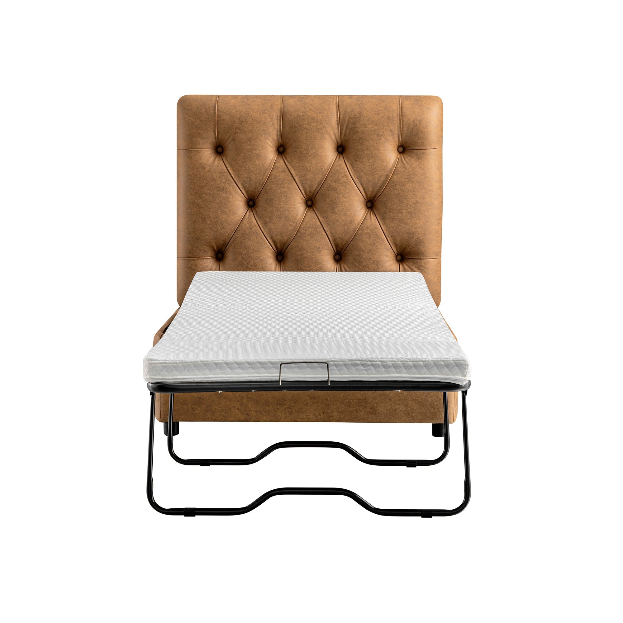Portland Twin Buttoned Fold-Out Bed in Ottoman, Tan Faux Suede
