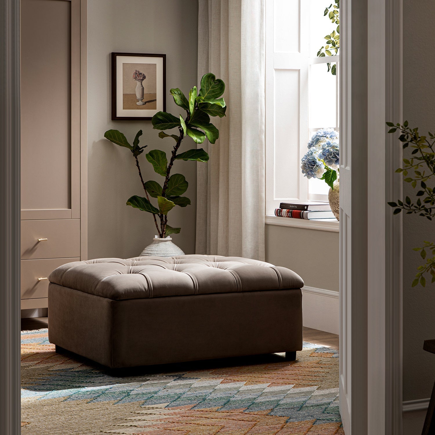 Portland Twin Buttoned Fold-Out Bed in Ottoman, Mink Velvet