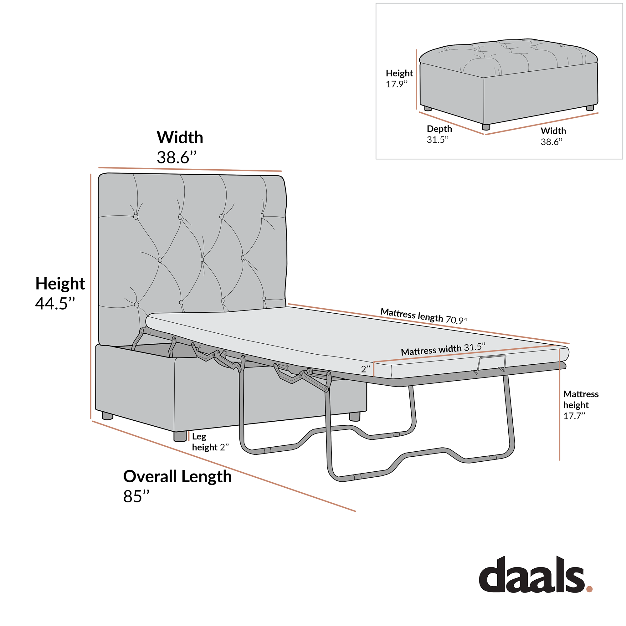 Portland Twin Buttoned Fold-Out Bed in Ottoman, Tan Faux Suede