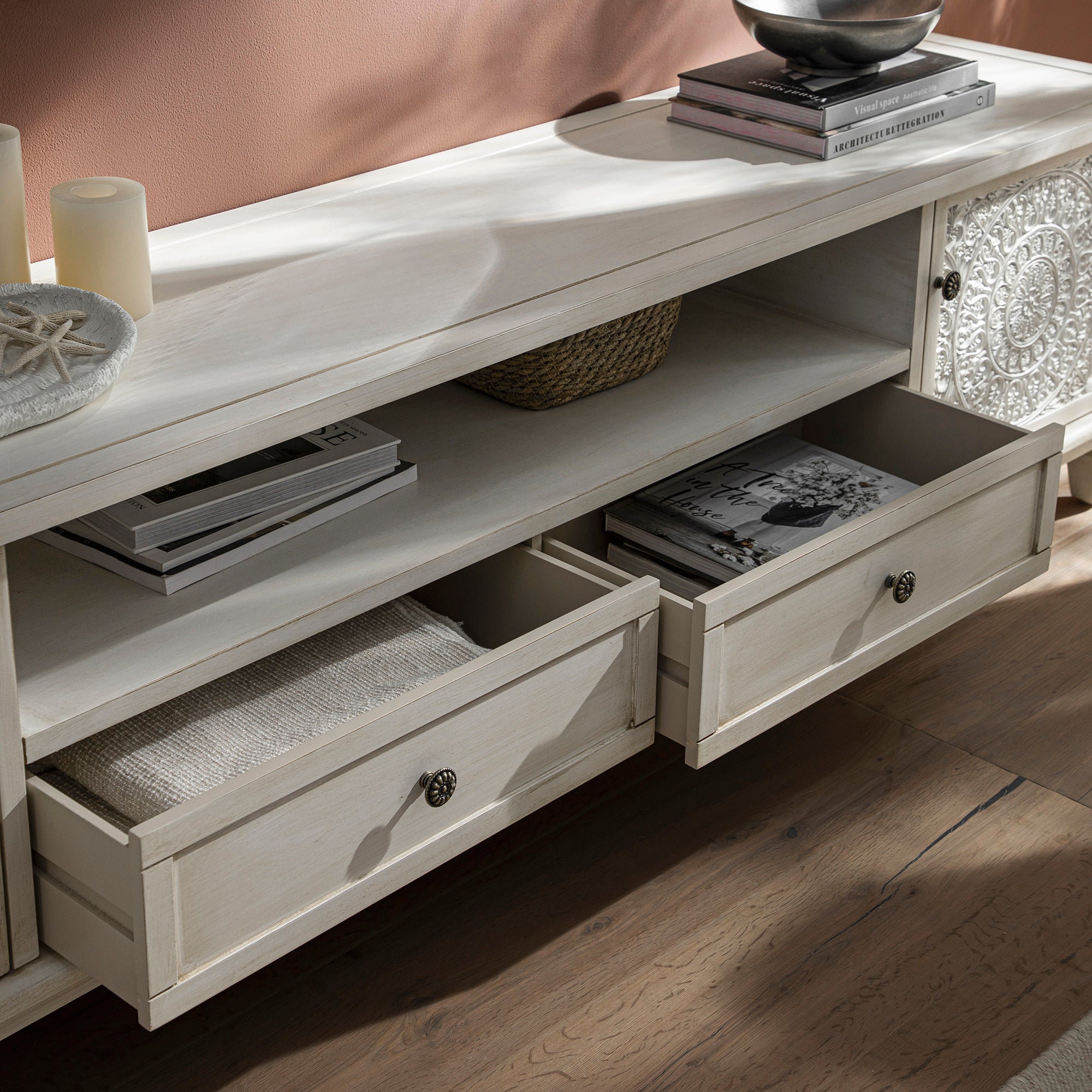 Chantilly Whitewashed 79" Wide TV Stand